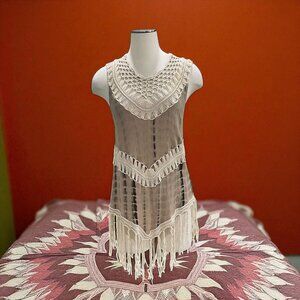 Jessica Taylor Crochet Fringe Boho Festival Tank Top Beige Hippie Cottagecore